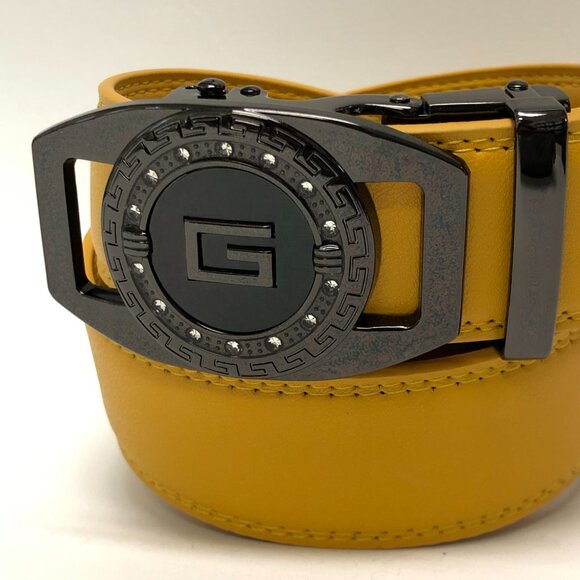 Mustard Yellow Ratchet Belt for Men Leather Fashion Adjustable Automatic Leather - Picture 2 of 3